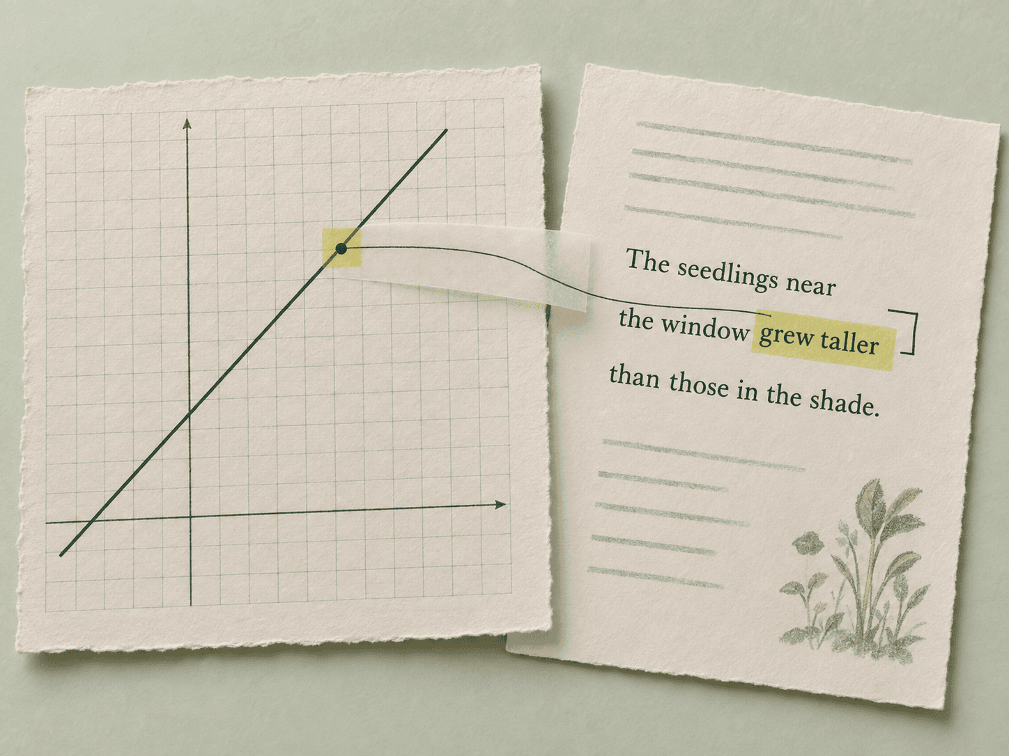 A graph point and a phrase in a reading passage are highlighted on two paper study sheets.