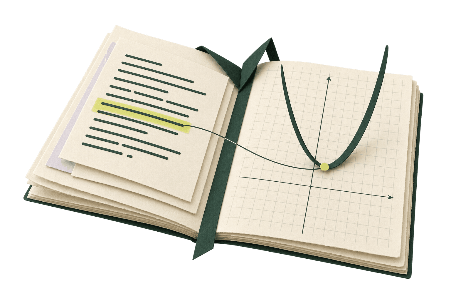 An open paper folio connects a highlighted reading passage to the vertex of a green parabola.